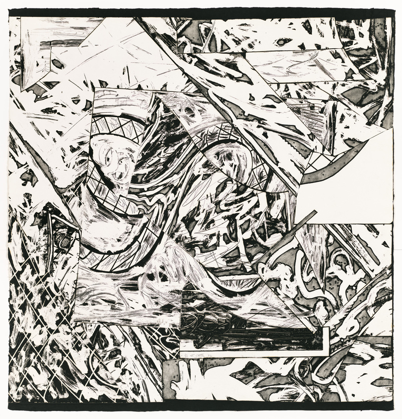 Abstract black and white print with chaotic lines and shapes resembling a dynamic, fragmented composition.