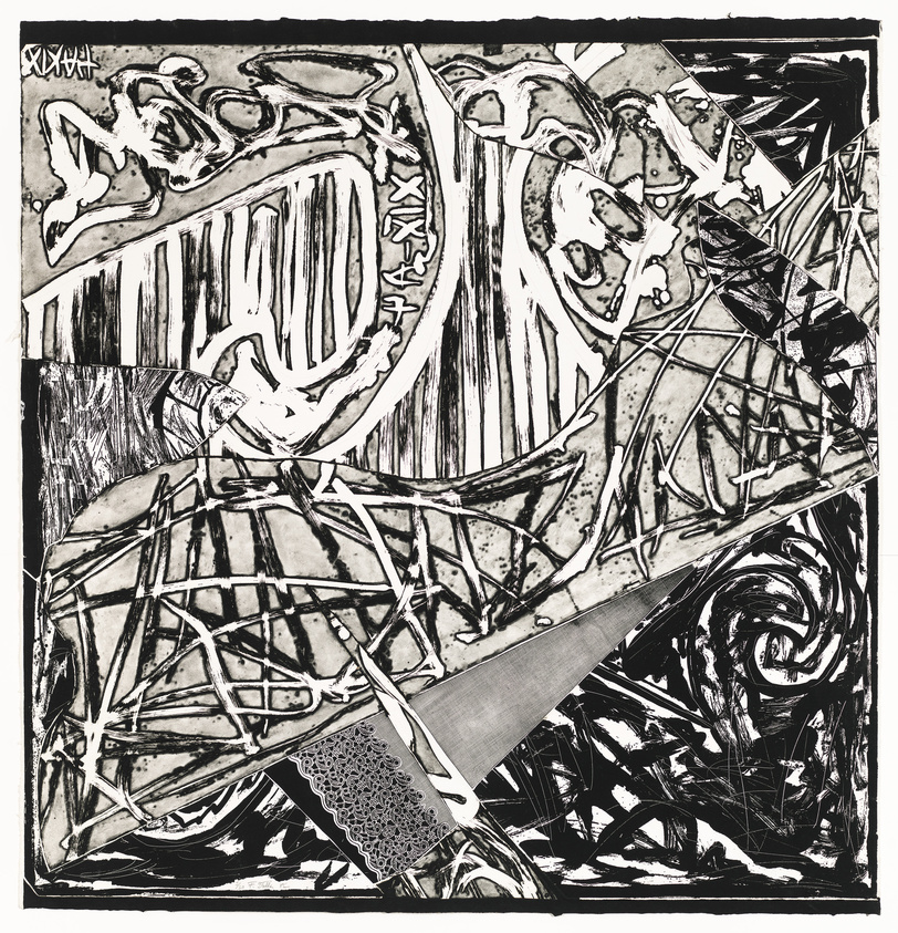 Abstract black and white print with dynamic lines and shapes suggesting movement and energy.