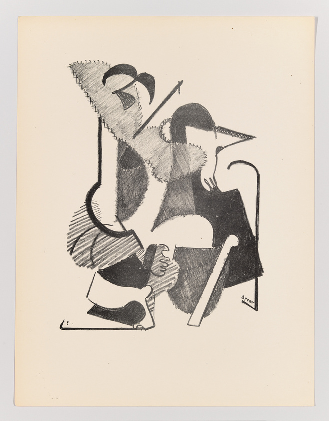 A black and white abstract cubist print featuring geometric and fragmented shapes that suggest a figure playing a stringed instrument. The artwork is signed at the bottom right corner.