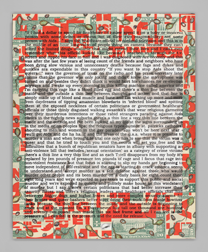 This image features a densely packed collage of text overlaid on a background of what appears to be a United States one-dollar bill. The text is in various sizes and orientations, creating a chaotic and visually complex composition. The words are partially obscured by the intricate design elements of the dollar bill, making it challenging to read the full text. The overall effect is one of a powerful statement or message interwoven with the symbolism of currency.