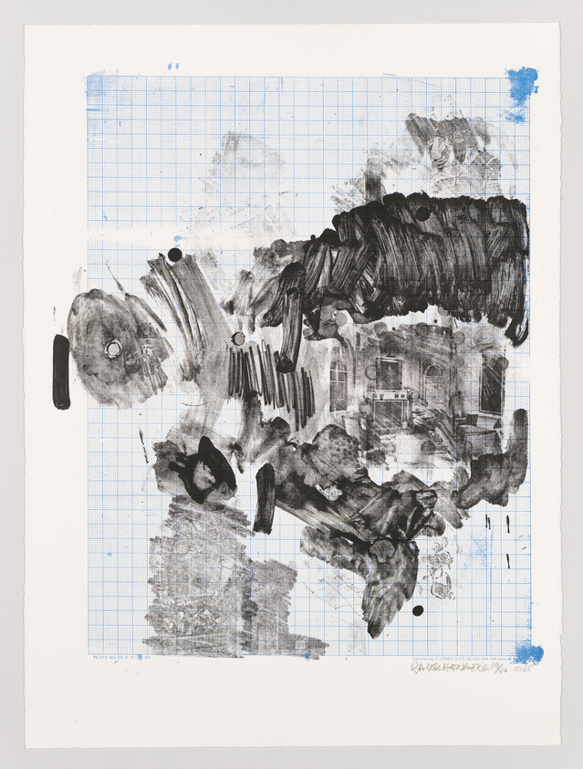 An abstract black and white mixed media artwork on a grid background, featuring various brush strokes, smudges, and washes, with some areas appearing heavier in ink than others. The piece is signed and dated at the bottom right.