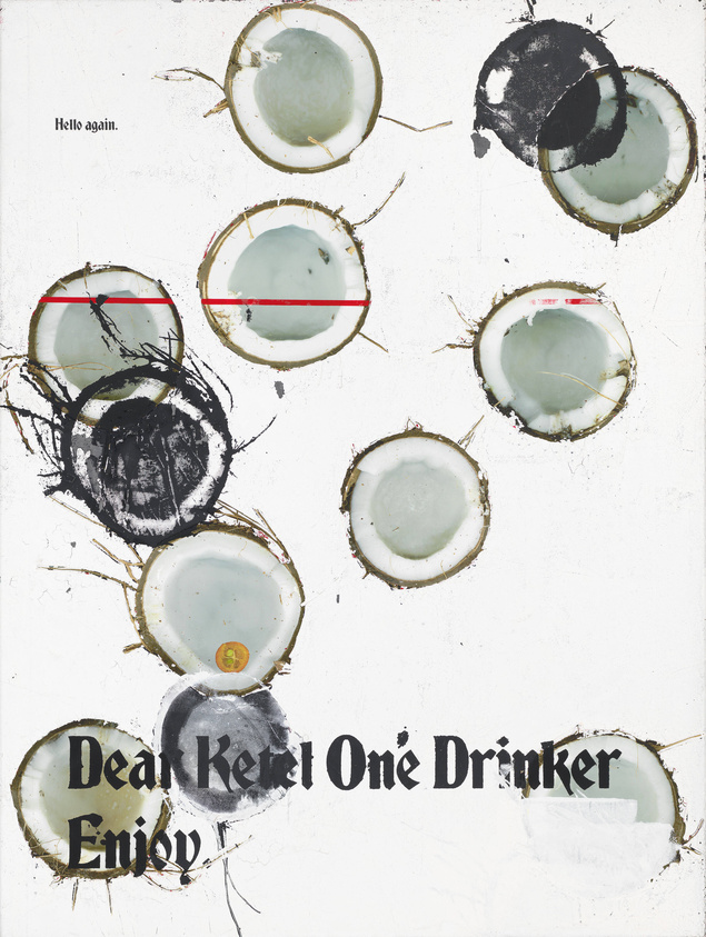 An abstract artistic composition featuring multiple circular stains of varying sizes and colors on a white background, resembling coffee or tea marks. Some stains have red lines across them. The text "Hello again." appears in the upper left corner, and the phrase "Dear Ketel One Drinker, Enjoy" is written in a stylized font at the bottom. The overall image has a grungy, distressed look.