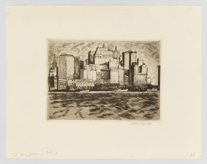 Etching of a bustling city skyline with various buildings, including skyscrapers and a domed structure, viewed from across a body of water with visible wave patterns. The artwork is detailed, with dynamic shading and a sense of depth, signed and dated by the artist in the lower right corner.