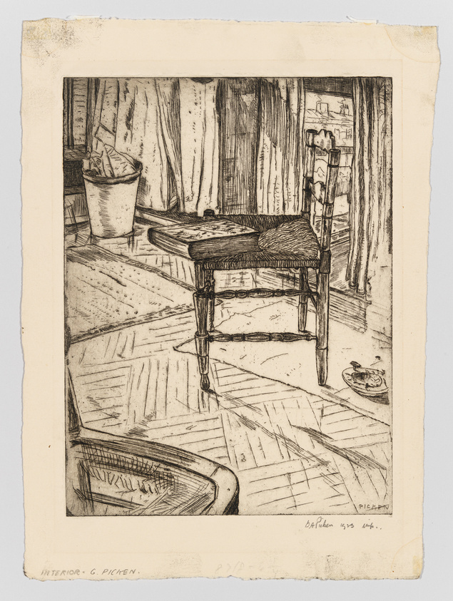 Etching of a rustic interior scene featuring a wooden chair with a woven seat, a bucket, and a window with curtains. The floorboards are prominently etched, showing detailed lines and patterns. There's a small plate with an object on it near the bottom right corner. The artwork has handwritten inscriptions at the bottom, including the title "INTERIOR - G. PITCHEN," the artist's signature, and a date or number. The paper appears aged with slightly tattered edges.