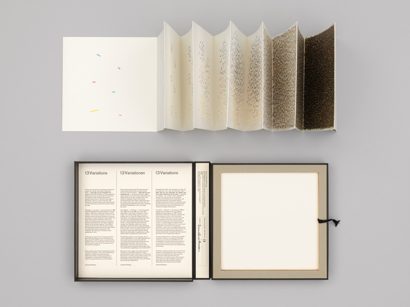 An open art book with multiple accordion-fold pages displayed, showing a progression of abstract designs with varying densities of colored dots. The left side of the image features a book with text in three columns, titled "13 Variations" in three languages, and an empty square frame with a black border on the right. The background is a neutral gray surface.