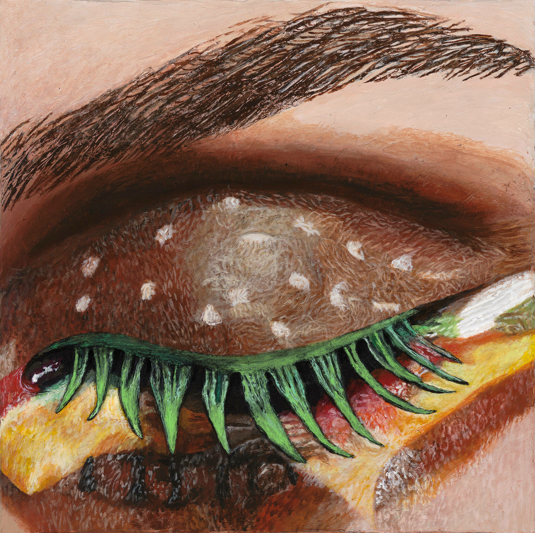 A close-up illustration of a human eye with the eyelashes replaced by green chili peppers. The eye is detailed with a brown iris and the surrounding skin is flesh-toned.