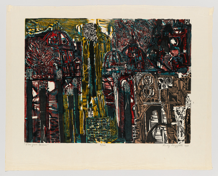 A colorful abstract print titled "View from Fernham" by Rudy Pozzatti, dated 1961. The artwork features a dense overlay of patterns and architectural forms, with a mix of dark and vibrant colors, predominantly reds, yellows, and greens. The print is numbered 3/100 and signed by the artist.