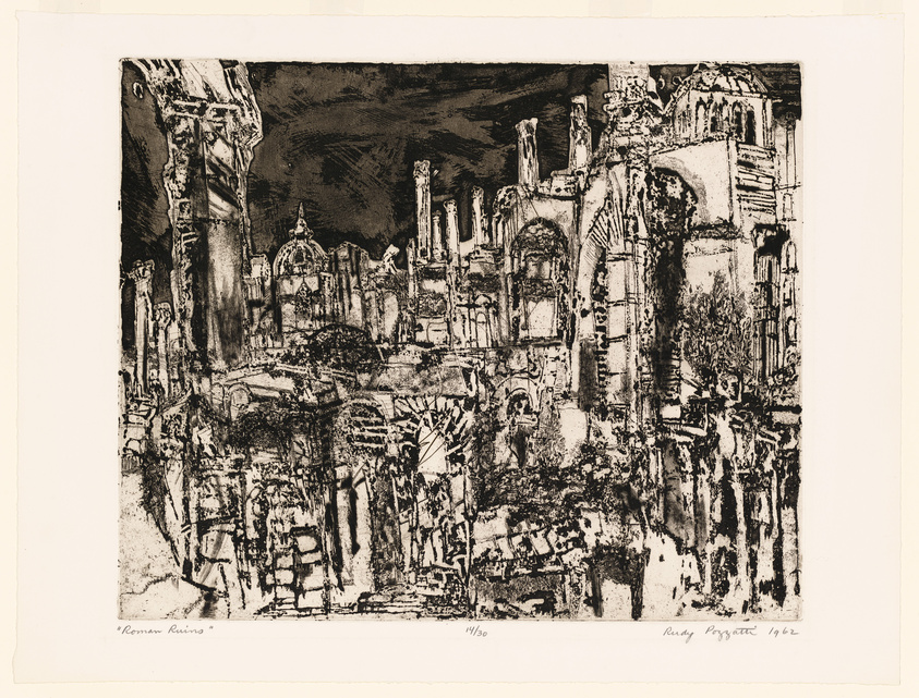 A detailed etching depicting a scene of Roman ruins with various columns, arches, and domed structures. The artwork is rich in texture and contrast, with dark areas suggesting depth and shadow. In the lower left corner, the title "Roman Ruins" is written, and on the lower right, there is a signature and the date 1962, along with the edition number "41/50."