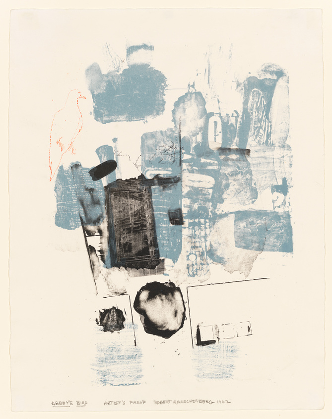 This is an abstract artwork featuring a collage of various images and textures. There are patches of blue and black paint, with some areas showing what appear to be photographic elements, such as a window and architectural details. On the left side, there is a red outline of a bird. The bottom of the artwork contains handwritten text that reads "ABBY'S BIRD ARTIST'S PROOF ROBERT RAUSCHENBERG 1962." The background is an off-white paper, and the overall composition is layered and fragmented, typical of Rauschenberg's style.
