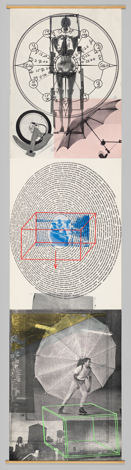 A composite image featuring a series of layered photographs and illustrations. The top section shows a schematic drawing of a rocket with numerical annotations. Below is a photo of a bicycle wheel juxtaposed with a pink umbrella and a mechanical arm. The middle section displays a dense spiral of text with a red outlined box highlighting a blue-toned image of the Earth in the center. The bottom section includes a grayscale photo of a nude figure holding an umbrella, superimposed over a map and geometric shapes, with a green outlined cube in the foreground. The entire composition has an abstract, collage-like quality.