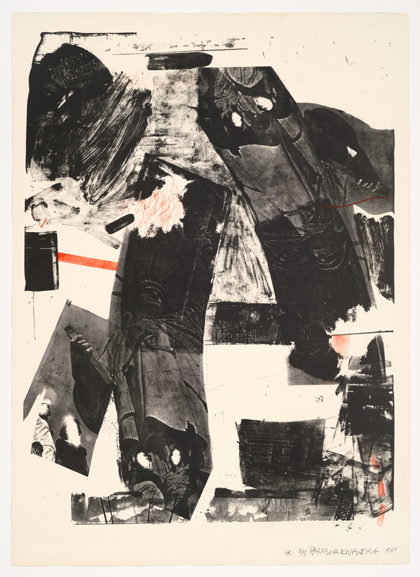 An abstract expressionist print featuring a collage of various black and white images with bold brushstrokes and splashes of red. The composition is layered and textured, with elements that appear to be torn or cut out photographs and printed materials, creating a dynamic and fragmented visual effect. The artwork is signed and dated at the bottom right.
