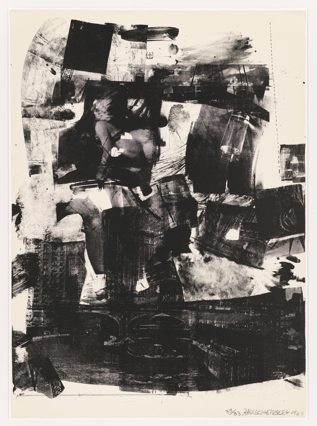 A black and white abstract composition featuring a collage of various overlapping images and textures. The artwork includes indistinct shapes, brush strokes, and what appear to be photographic elements, creating a dynamic and layered visual effect. The bottom of the image contains handwritten text and numbers, suggesting it may be a numbered print or part of a series.