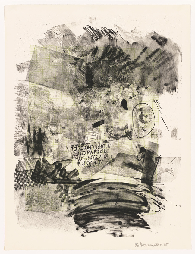 An abstract monochromatic artwork featuring a collage of various textures, patterns, and forms. There are smudges, brush strokes, and what appears to be overlaid photographic elements, including reversed text and a circular vignette with a figure. The composition is dynamic, with a sense of movement created by the sweeping gestures and layering of materials. The artist's signature is visible at the bottom right.