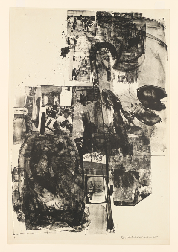 A monochromatic abstract print featuring a collage of various images and expressive brushstrokes. The composition includes fragmented photographic elements, possibly from newspapers or magazines, overlaid with bold, gestural ink marks that create a dynamic and somewhat chaotic visual effect. The artwork is signed and dated at the bottom.