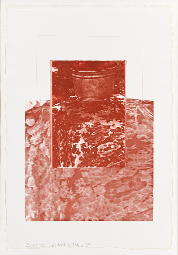 A monochromatic red-toned artwork depicting a textured surface with a central framed area showcasing a pot. The image has a rough, painterly quality and is signed and dated at the bottom. The paper has deckled edges, adding to the handcrafted feel of the piece.