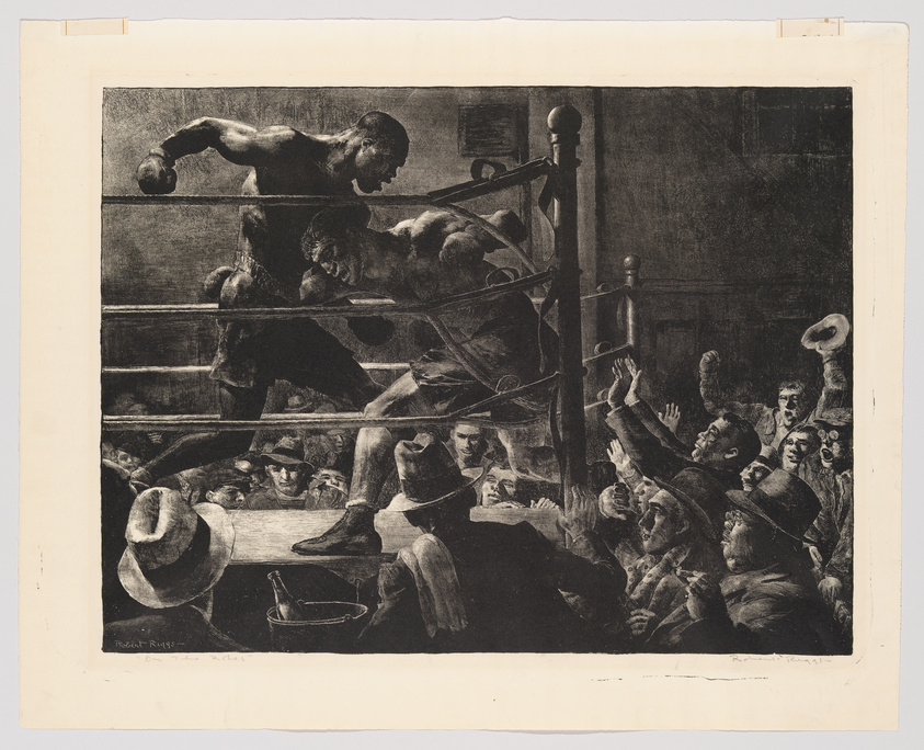 A dynamic black and white etching depicting a boxing match. One boxer is delivering a powerful right hook to his opponent, who is recoiling against the ropes. The crowd around the ring is animated, with some spectators cheering and others showing concern. The scene conveys intense action and emotion, characteristic of a high-stakes sporting event.