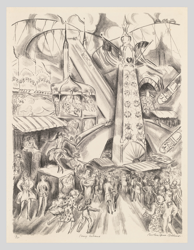 Pencil drawing depicting a bustling carnival scene with various attractions and characters, including a central tower adorned with hearts and flowers, whimsical tents, and a crowd of people in festive attire engaging in different activities. Some figures appear to be performers, while others are spectators, creating a lively atmosphere. The artwork is signed by the artist at the bottom.