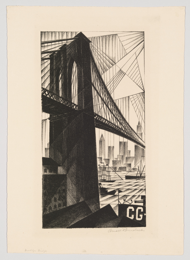 Detailed etching of the Brooklyn Bridge with a focus on its Gothic arches and suspension cables, with a stylized depiction of the New York City skyline in the background. The artwork features strong contrasts and intricate line work, signed by the artist in the lower right corner.