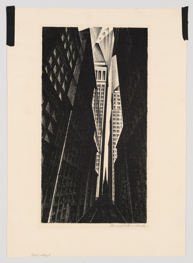 A black and white etching depicting a dramatic upward perspective view of towering skyscrapers converging towards a point in the sky, creating a sense of depth and height. The buildings are densely packed, with the details of windows and architectural elements etched into their facades. The artwork is signed by the artist at the bottom right and labeled "Wall Street" at the bottom left.