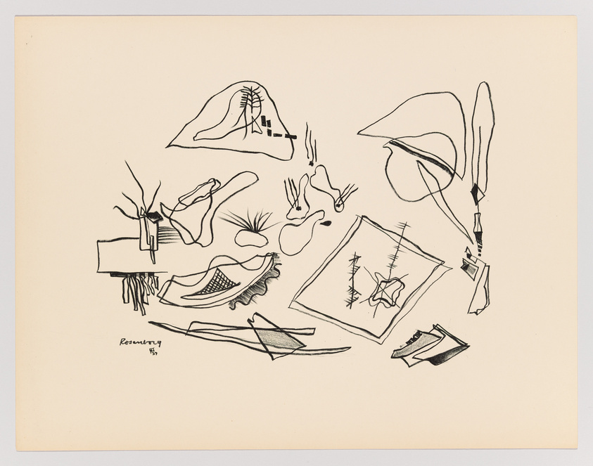 A collection of abstract black line drawings on a beige paper background, featuring various shapes and forms that resemble everyday objects and figures, with the artist's signature and date on the bottom left.