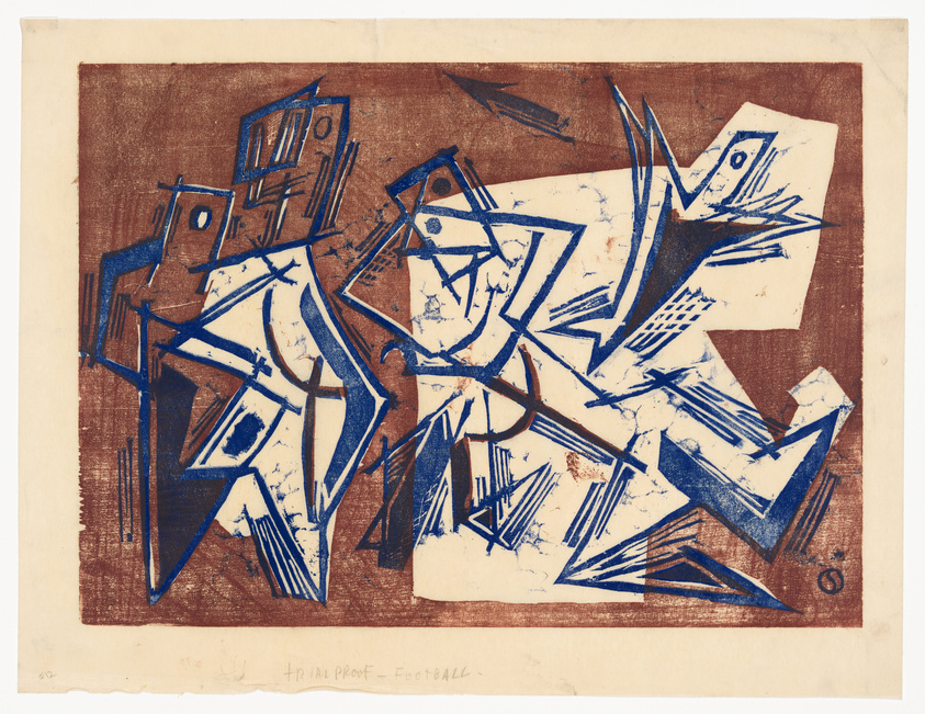 An abstract print featuring geometric shapes and lines in blue on a brown background, suggesting a dynamic, fragmented composition. The shapes vaguely resemble figures and architectural forms, creating a sense of movement and chaos. The words "trial proof - football" are handwritten at the bottom, indicating the theme or title of the artwork.