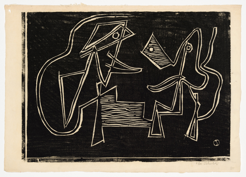 A black and white abstract linocut print featuring stylized, geometric figures that resemble animals or mythical creatures, set against a dark background with a signature in the lower right corner.