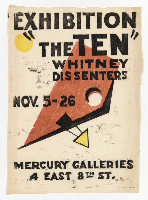 Vintage poster for an art exhibition titled "EXHIBITION THE TEN WHITNEY DISSENTERS" at Mercury Galleries, with dates Nov. 5-26. The design features bold black and red typography with abstract geometric shapes in yellow and red, and a black arrow on a weathered white background. The address "4 EAST 8TH ST." is printed at the bottom.