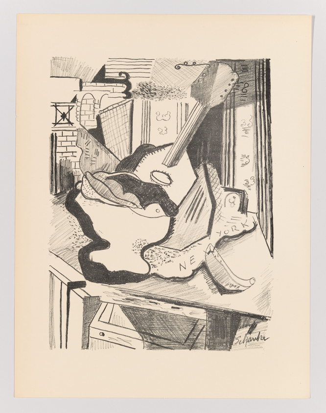 An abstract black and white lithograph featuring a collage of various shapes and forms, with elements that suggest urban structures and text fragments including "New York." The artwork is signed by the artist at the bottom right.