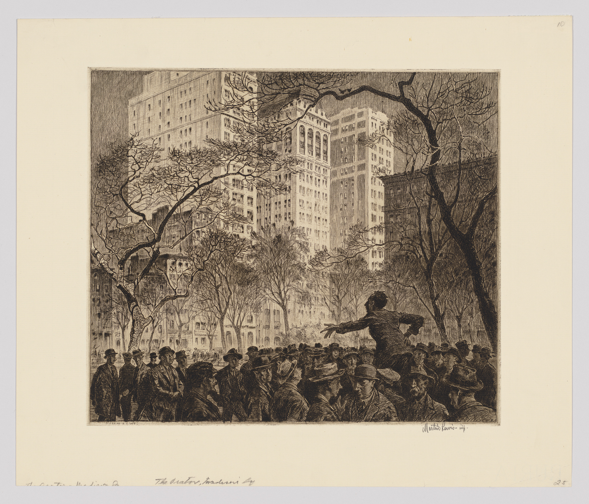 A detailed etching depicting a bustling city park scene with a dense crowd of people, some of whom are looking towards a central figure who appears to be giving a speech or performance. Bare tree branches frame the view, and tall, ornate buildings loom in the background, suggesting an urban setting from an earlier era. The artwork conveys a sense of energy and movement within a public space.