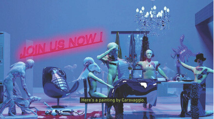 A surreal scene with mannequins in various poses and costumes in a room with blue lighting. A neon sign reads "JOIN US NOW!" and a caption at the bottom states, "Here's a painting by Caravaggio."