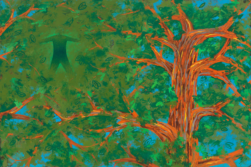 Colorful painting of a tree with orange branches and green leaves. A human figure is camouflaged within the foliage. Blue sky peeks through.