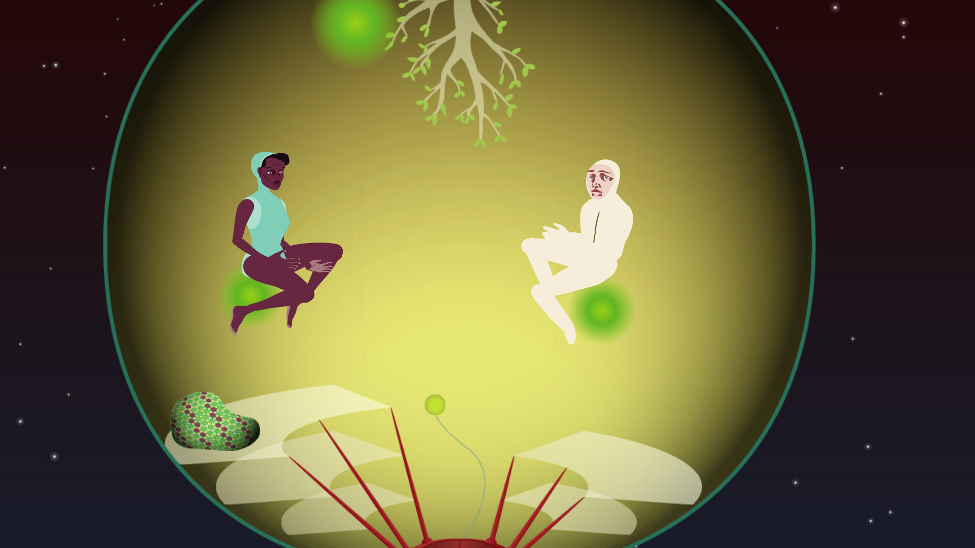 Digital illustration of two stylized characters floating inside a large green bubble with a cosmic background. The character on the left appears to be a woman with dark skin, wearing a light blue top and purple pants, while the character on the right seems to be a bald individual with pale skin, wearing white. Below them, a heart-shaped object covered in green dots and a red abstract structure resembling a flower are visible. The scene is surreal, with a dreamlike quality, and a snowflake-like shape hangs above them in the bubble.