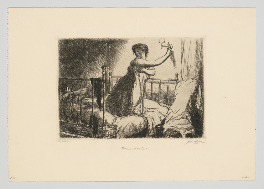 A vintage etching of a woman in a nightgown turning off a gas lamp beside a bed.