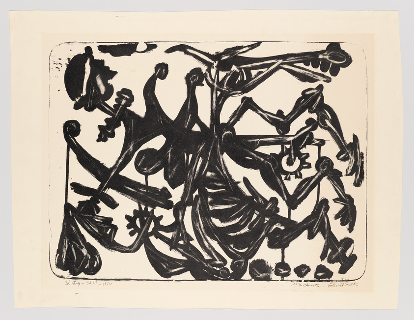 An abstract black ink painting on a white background featuring a chaotic arrangement of brushstrokes that suggest a sense of movement or a dance of forms. The artwork is signed and dated at the bottom.
