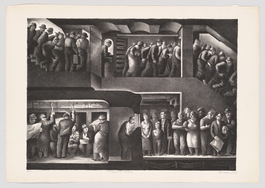 Black and white illustration of crowded subway stations and trains with stylized figures.