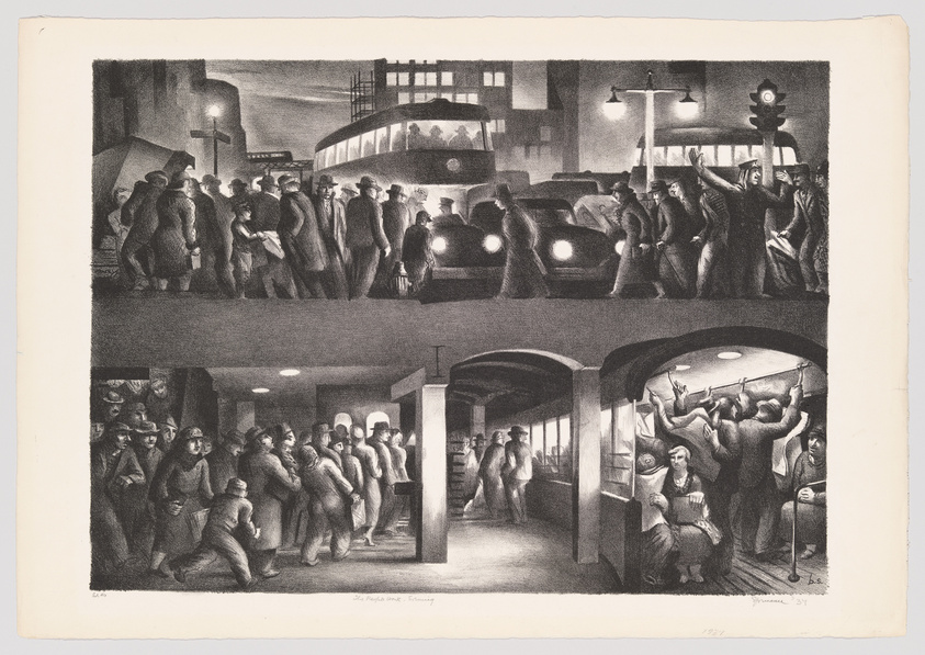 Black and white lithograph depicting various scenes of people in urban settings, including crowded streets and subway stations.