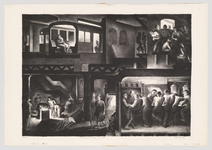Black and white lithograph depicting various scenes of people in a subway station, including a train, passengers, and platform activities.