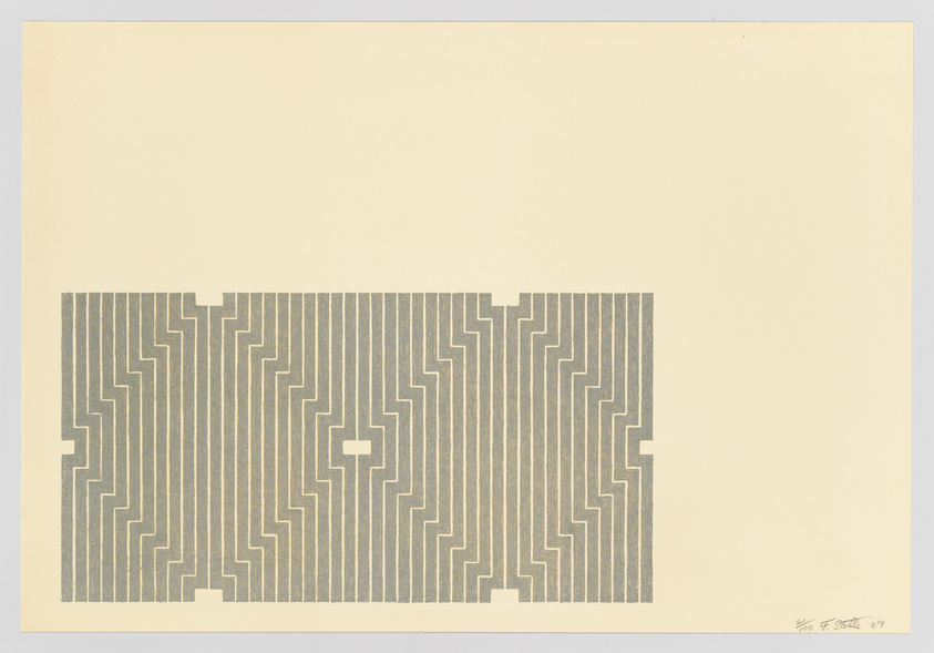 Geometric pattern with zigzag lines on a beige background, signed by the artist in the lower right corner.