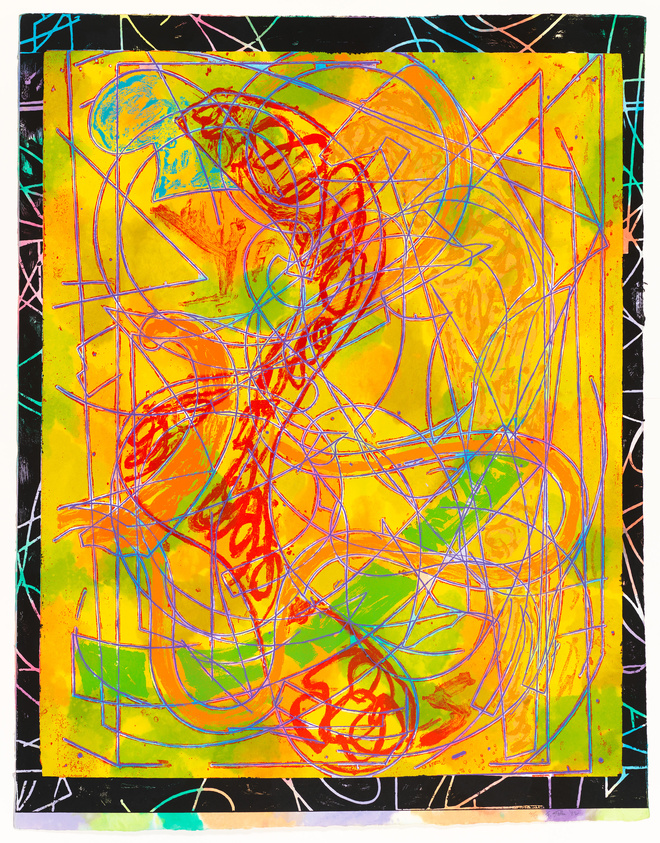 Vibrant abstract painting with chaotic lines and swirls in red, blue, and green over a yellow background.