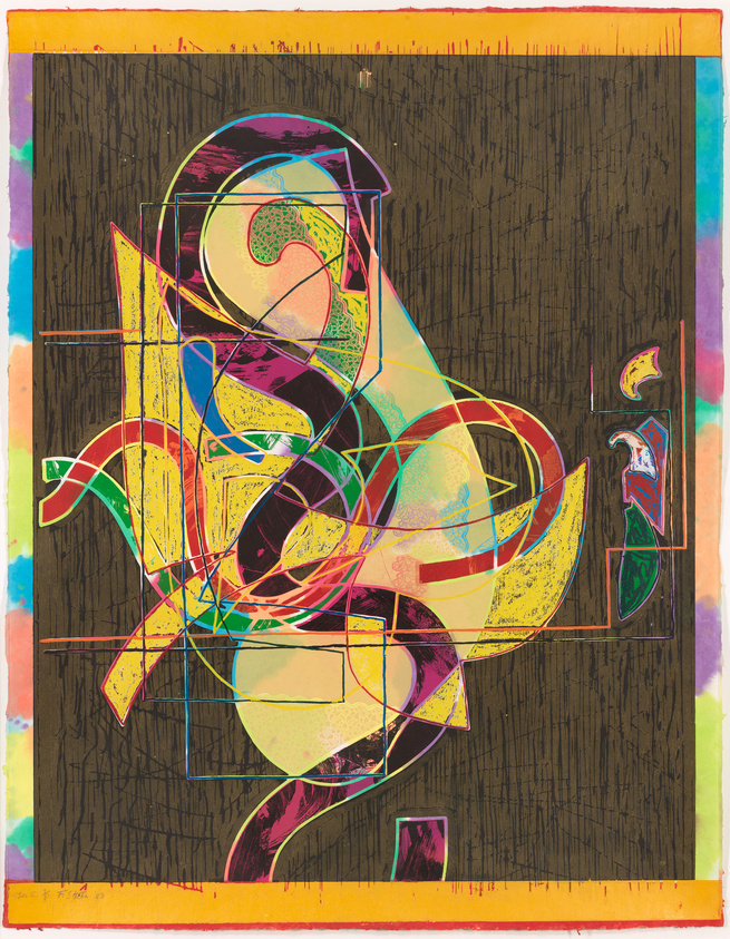 Abstract colorful artwork with swirling lines and geometric shapes on a textured dark background, bordered by a multicolored frame.