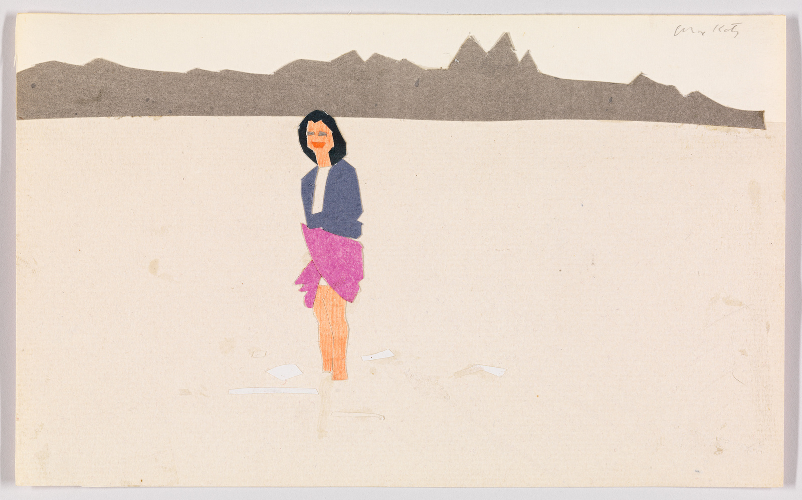 A simplistic collage on paper featuring a stylized figure of a woman standing in a desert-like landscape with a range of mountains in the background. The woman is depicted with black hair, a blue top, and a pink skirt, with her arms crossed. The artwork has a minimalistic and abstract feel, with visible paper textures and cut-out shapes for the figure and mountains. There are some scattered white shapes around the figure's feet, possibly representing rocks or other objects on the ground. The top right corner of the image contains handwritten text, possibly a signature or date.