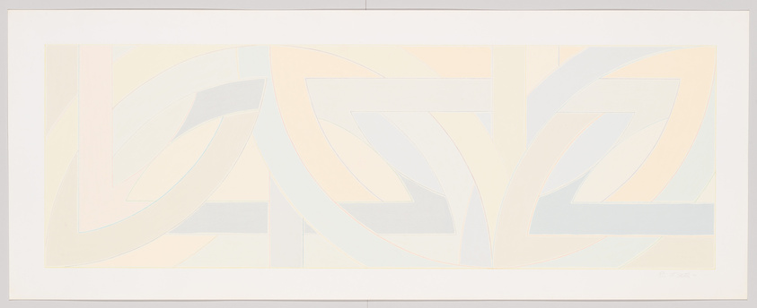 Abstract pastel geometric print with interlocking shapes and soft color palette, framed and matted.