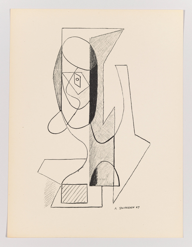 This is an abstract black and white drawing featuring geometric and organic shapes intermingled to create a composition that lacks a clear representation of real-world objects. The artwork includes a variety of forms such as circles, triangles, and arrows, with some areas filled in with solid black, hatching, or cross-hatching to create texture and contrast. The drawing is signed and dated at the bottom right corner with the text "A. Swinden '87."