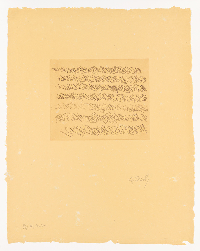 Sketch of wavy lines on a square sheet, centered on a larger yellowed paper with artist's signature and date.