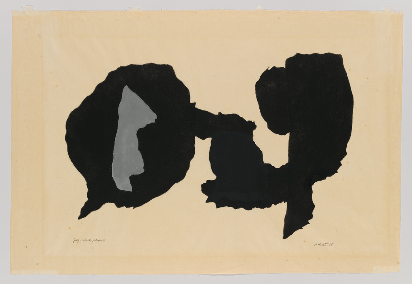 Abstract black ink blot on beige paper with gray shape inside, resembling a Rorschach test, signed and dated by the artist.