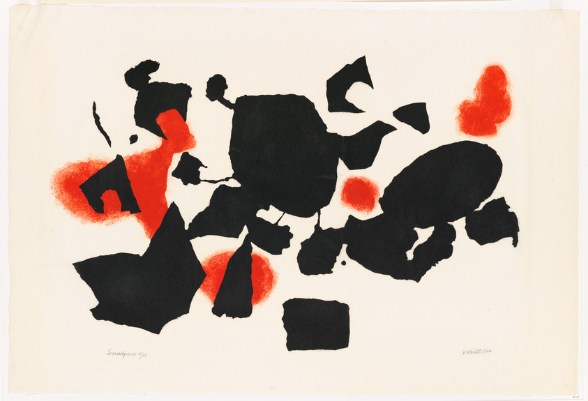 Abstract artwork featuring bold black shapes and splashes of red on a white background, with some shapes resembling silhouettes and others more amorphous. The piece is signed and dated at the bottom.