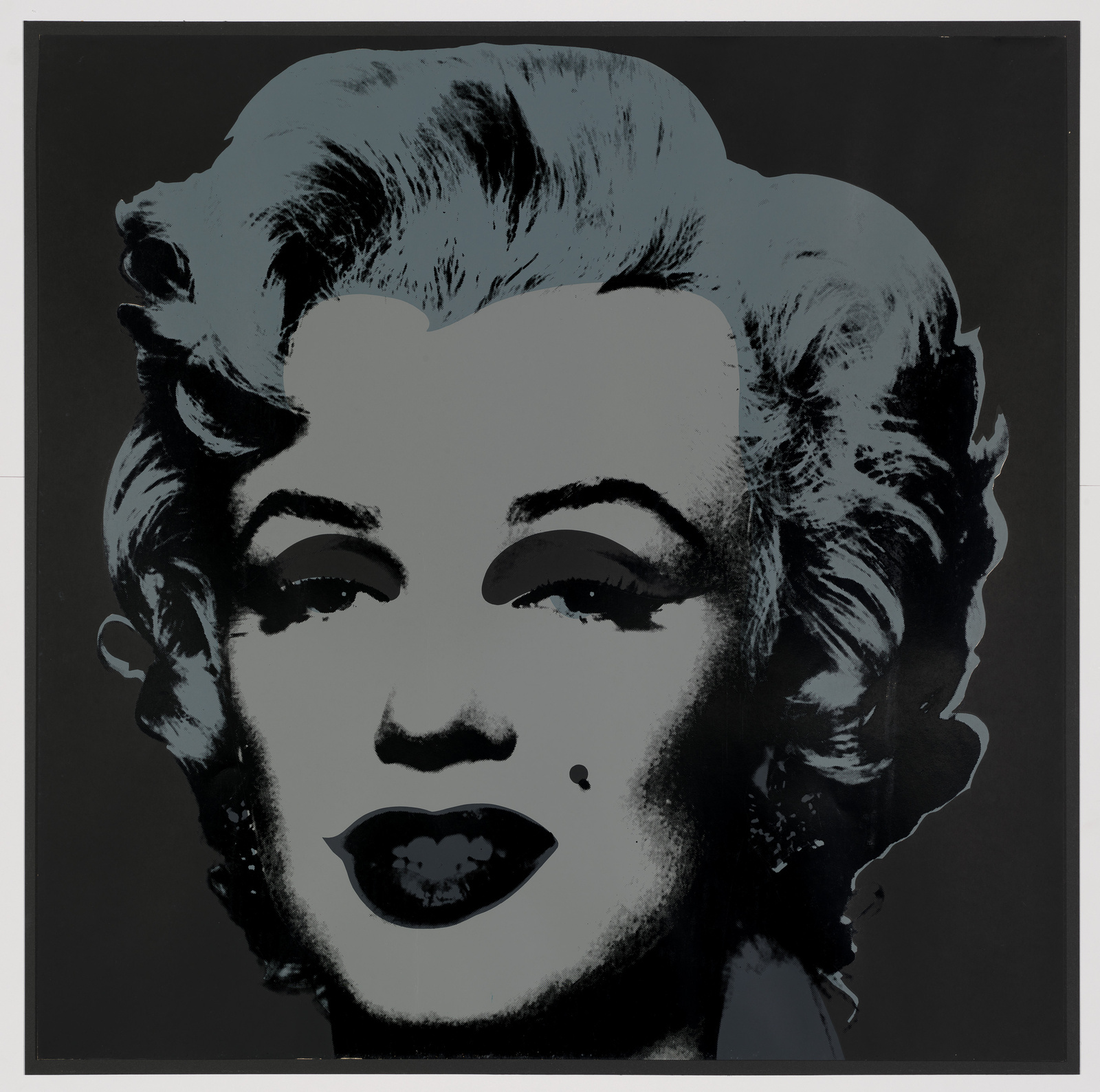 Black and gray pop art portrait of a woman with styled hair and dark lipstick.