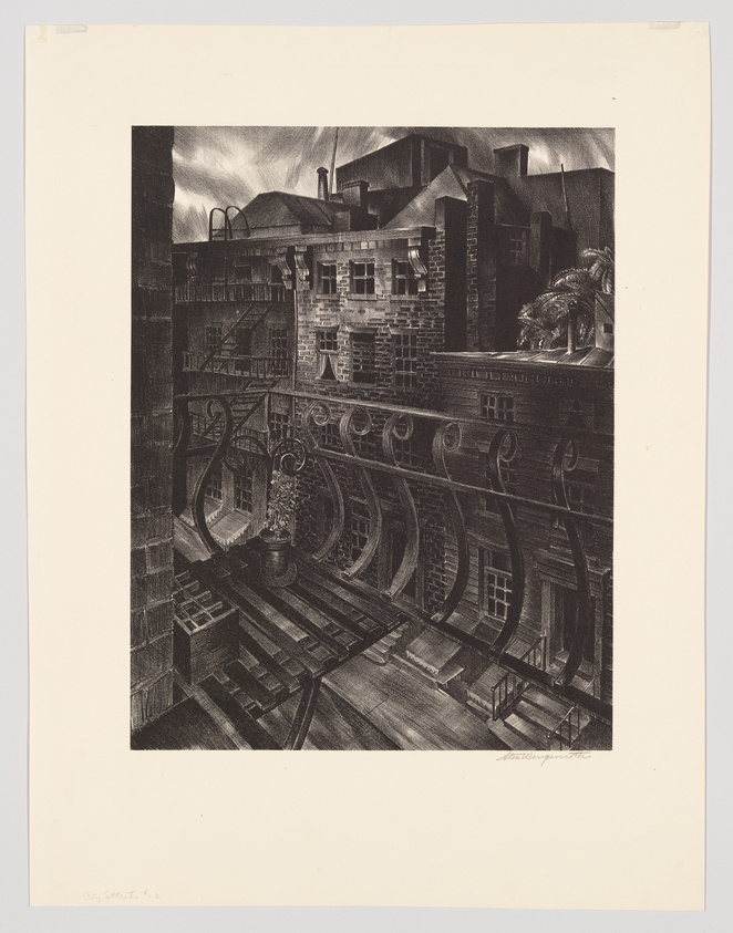 A detailed black and white etching depicting an urban scene with a focus on the architectural elements of buildings and a bridge. The perspective is from an elevated angle looking down onto a railway or tram line that runs under a bridge with ornate railings. The surrounding buildings feature a variety of windows, chimneys, and a palm-like plant. The sky above shows light cloud textures, and the overall tone of the image is moody and atmospheric. There is a signature at the bottom right of the image.