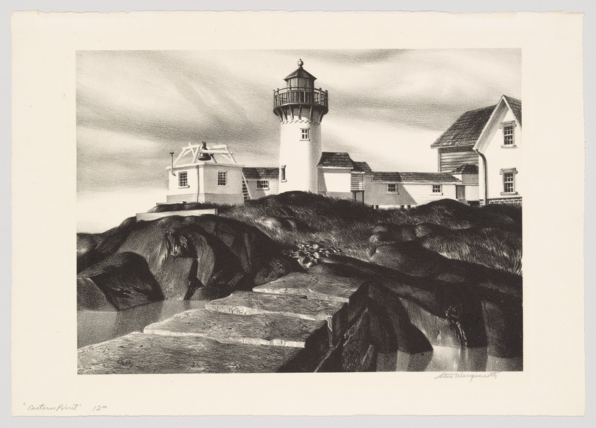 A black and white etching of a lighthouse perched on rocky terrain with adjacent buildings under a sky with wispy clouds. There is a signature on the bottom right and text on the bottom left indicating the print number.