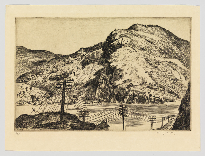 A black and white etching depicting a rugged landscape with a prominent mountain in the background. In the foreground, there are telephone poles with multiple lines stretching across the scene. A body of water is visible at the base of the mountain, and a small building can be seen to the right. The artwork is signed "Harry Wickey" in the bottom right corner.